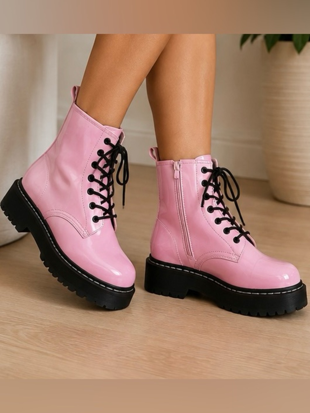 Steve Madden Pink Patent Combat Boots Size 5